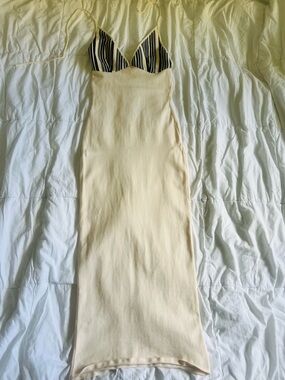 Meshki Cream Knit Slip Dress with Black & White Striped Bust